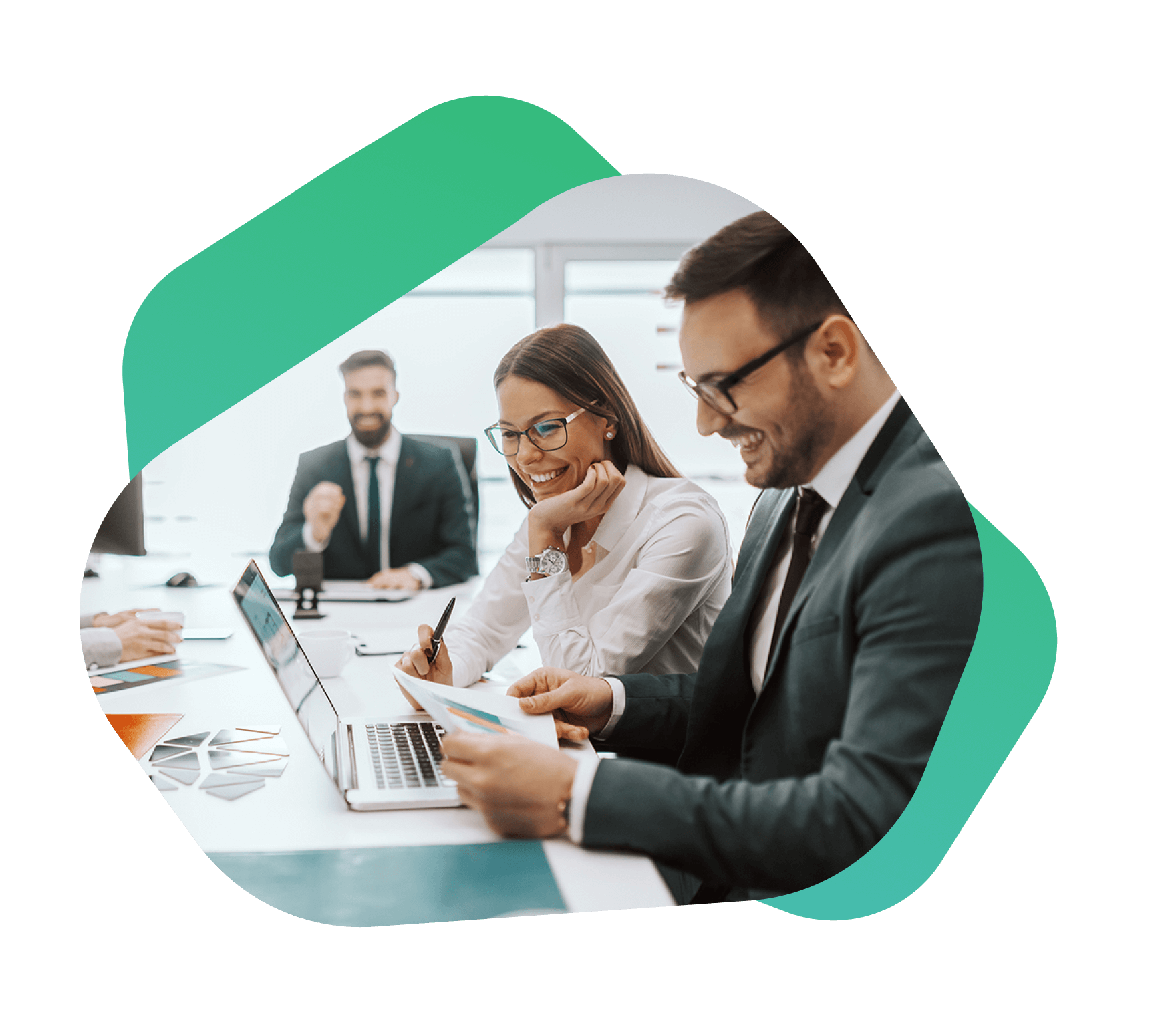 Financial professionals collaborating in a real-world setting, reflecting partnership, innovation, and successful client outcomes.