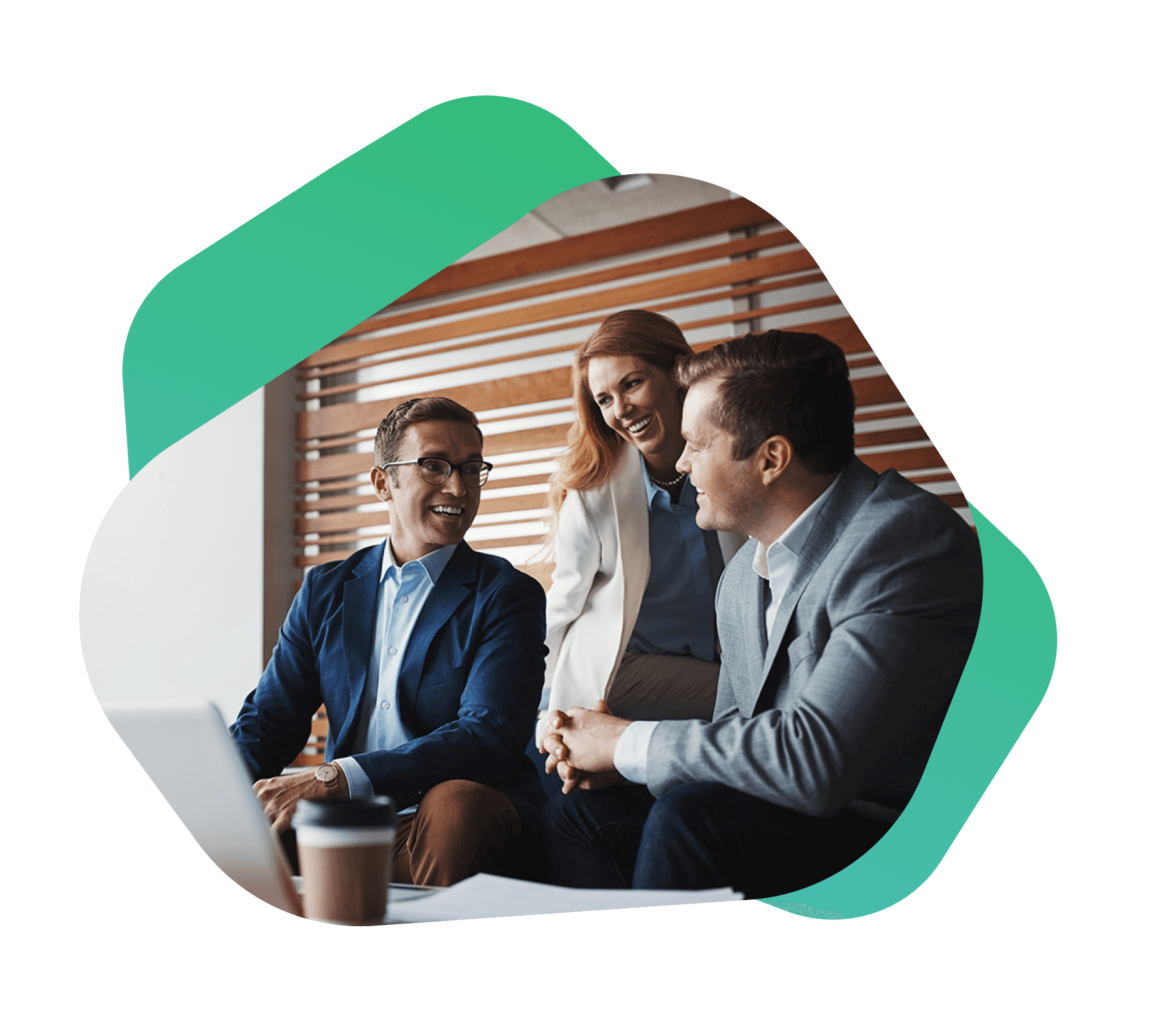 Three bankers reviewing loan data together in an office environment