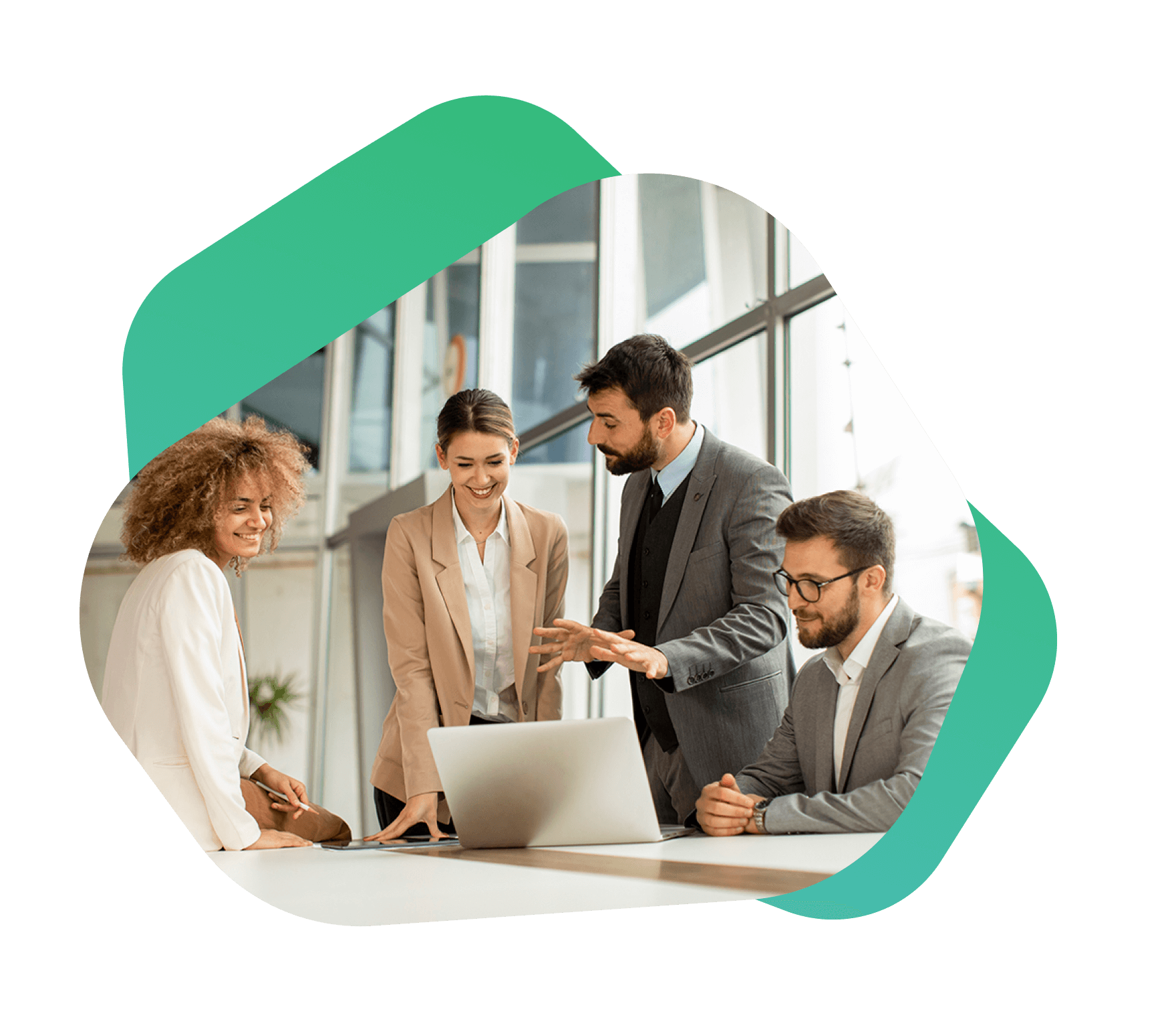 A diverse team sitting around a table, collaborating during a business meeting