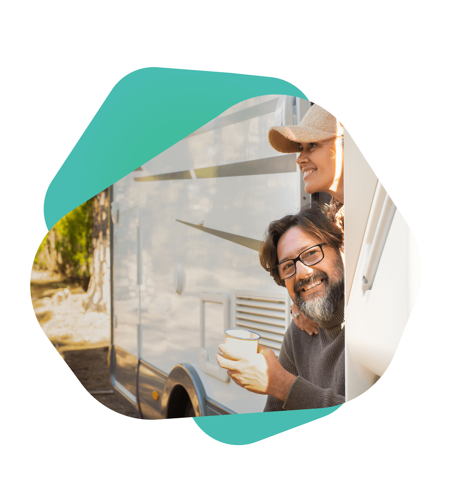 Affluent middle-aged couple smiling from their camper van—because smart investing means you can hit the road without hitting your savings.