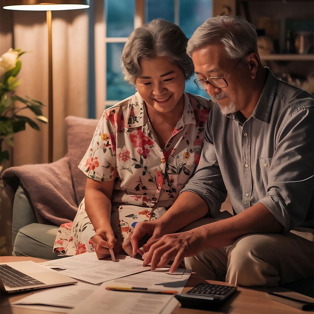 mature-couple-cozy-living-room-sorts-discusses-documents-with-laptop-calculator